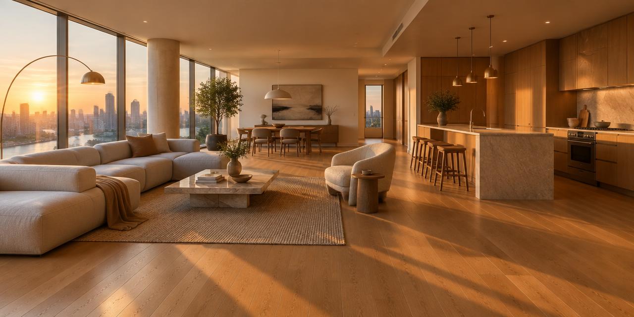 Luxe woonkamer met een doorlopende houten vloer